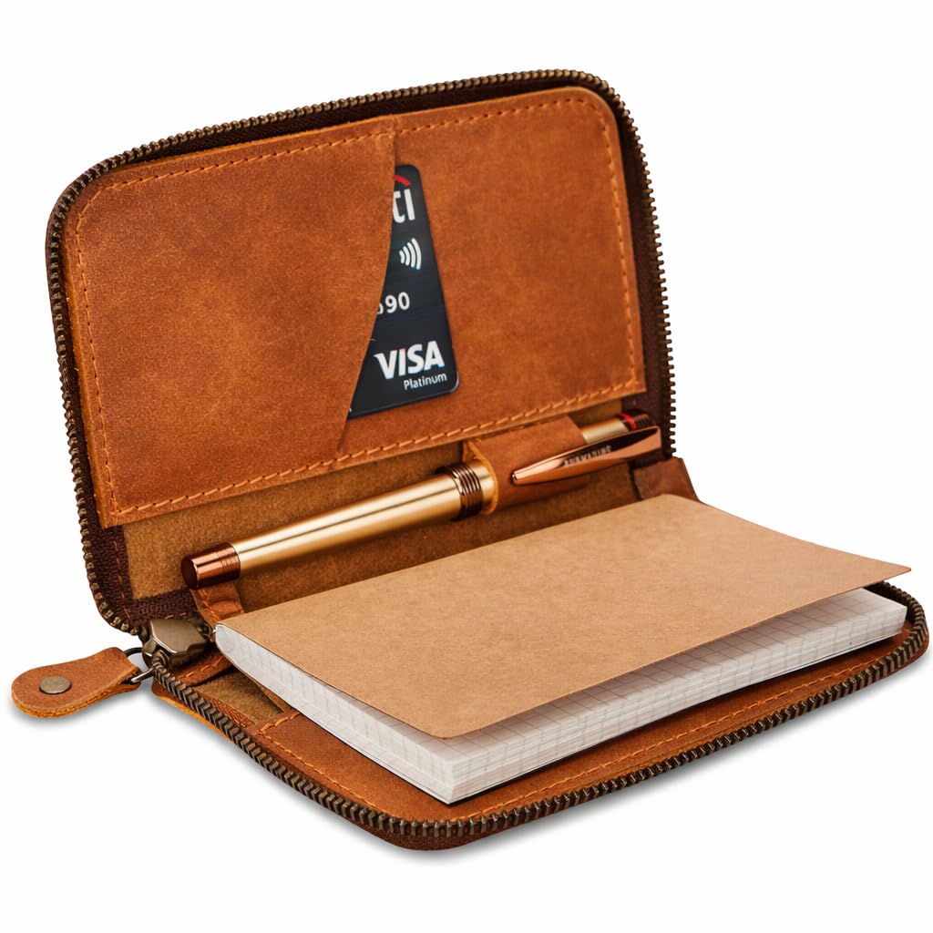 CestAntiQ Zippered Leather Journal Cover Compatible with Moleskine Cahier TWONE Original Kraft Elan Pitch Black Pocket Size 3.5 x 5.5 for Field Notes Notebook Memo Books with Pen Holder Handmade (Tan)