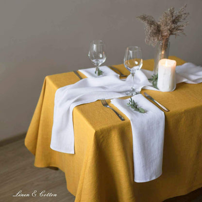 Linen & Cotton Tablecloth Table Linen Cloth Hygge - 100% Linen, Mustard Yellow (140 x 250 cm) Rectangular Washable Table Cloth for Home Kitchen Dining Table Decoration Restaurant Hotel Summer Party