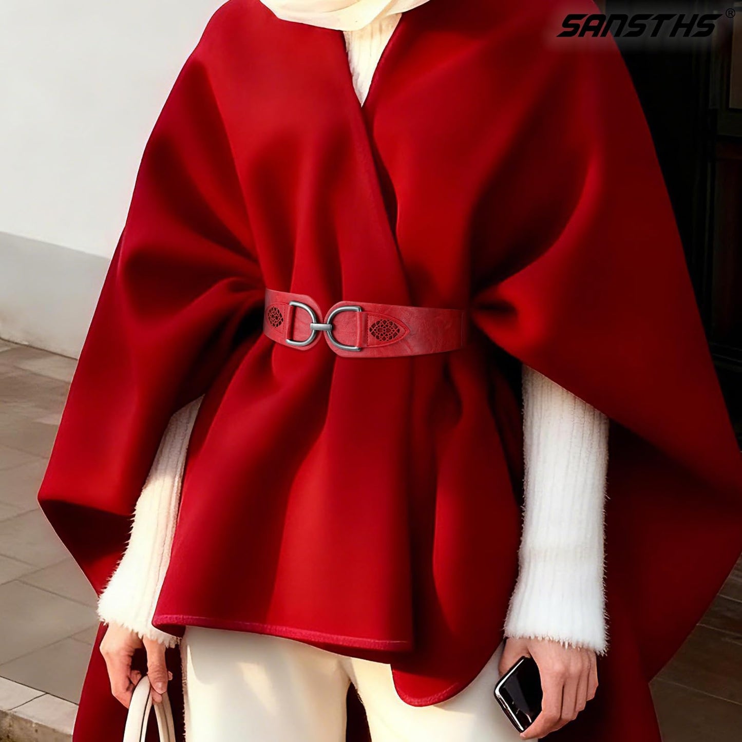 SANSTHS Vintage Women Stretchy Wide Belt Chunky Buckle Elastic Wide Waist Belts for Dresses Coats, Red S