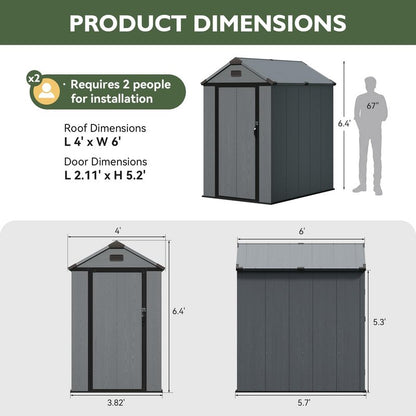 Aoxun 4x6 FT Resin Shed with Reinforced Floor, Outdoor Storage Shed, All-Weather Plastic Tool Storage with Lockable Door, Window & Vents for Garden, Patio, Bike & Garbage Can, Dark Gray