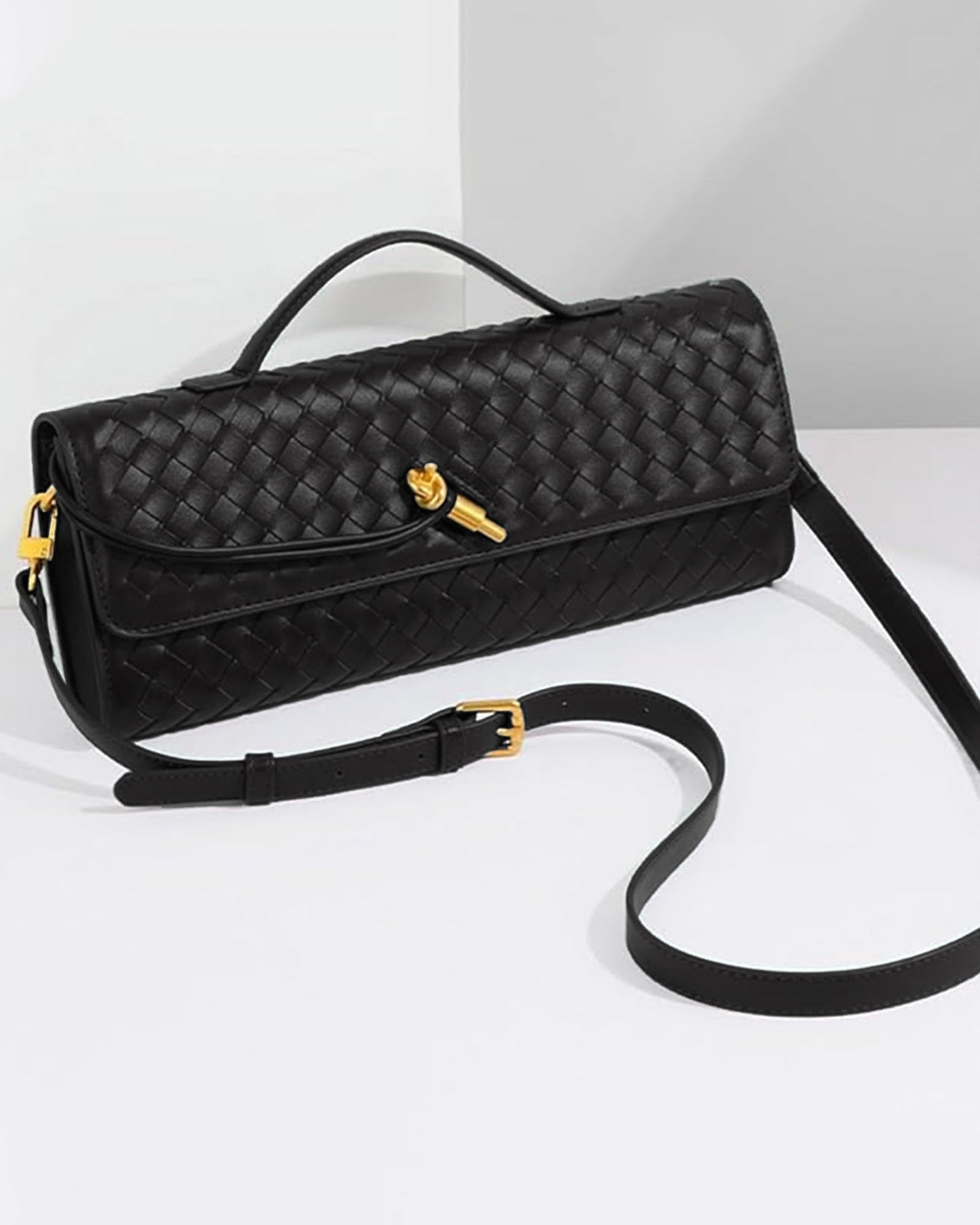 NEWBELLA Women's Handmade Woven Clutch Purse - PU Leather Crossbody Bag for Evening & Casual, Adjustable Shoulder Strap Fashion Handbag (Black)