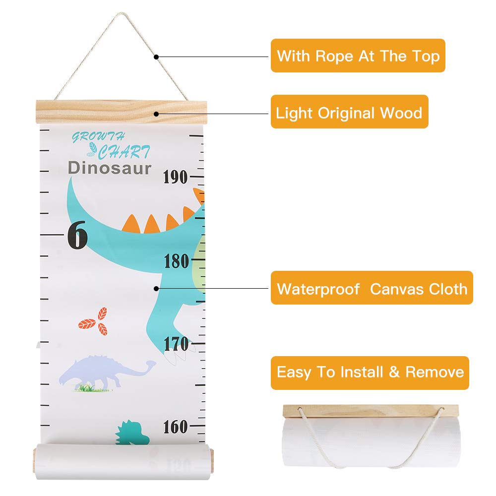 Growth Chart for Kids, Height Chart for Kids/Boys/Girls/Baby, Canvas & Wooden, Removable Growth Height Chart, Christmas Wall Room Decor -Dinosaur