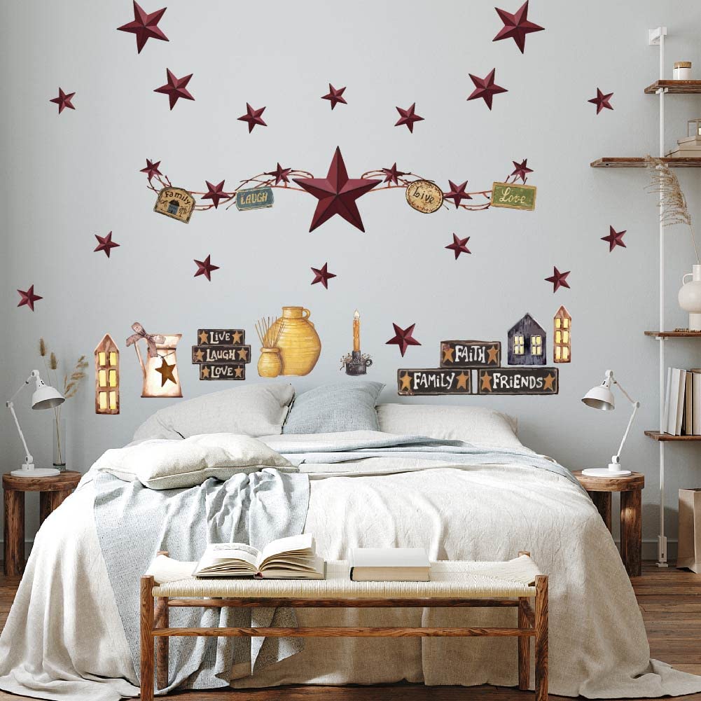 SUPERDANT Country Style Wall Sticker Barn Star Wall Decals Peel and Stick Vinyl Art Decal Home Decor for Kitchen Dining Room Livingroom Fireplace Entrance Hall Farmhouse Decoration Gifts