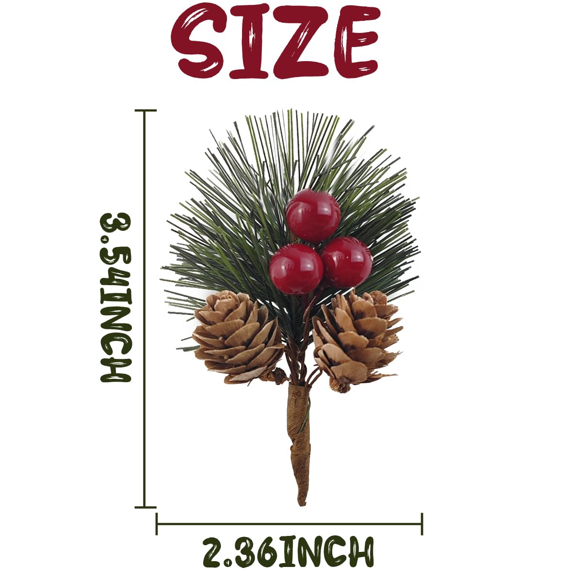 TIHOOD 25PCS Artificial Pine Picks, Pine Needles Branches with Red Berry Stems, Small Fake Berries Pinecones Branches for Crafts Christmas Tree DIY Garland Holiday Wreath