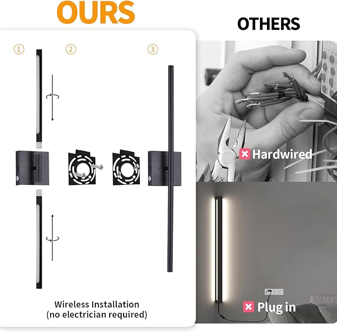 Battery Operated Wall Sconces Set of 2,Dimmable Wall Sconce with Remote Control,Modern Black LED Rechargeable Wall Sconces Lights,27 Inch Wireless Lamp for Living Room,Bedroom,Bathroom