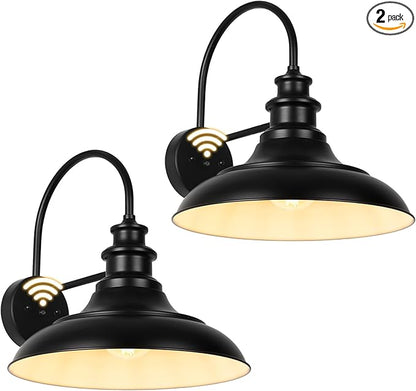 Dusk to Dawn Sensor Outdoor Barn Light Fixtures, 16 Inch Dome Farmhouse Outdoor Wall Sconces, Rustic Gooseneck Exterior Wall Mount Lights, Industrial Black White Lanterns for Porch, 2 Pack