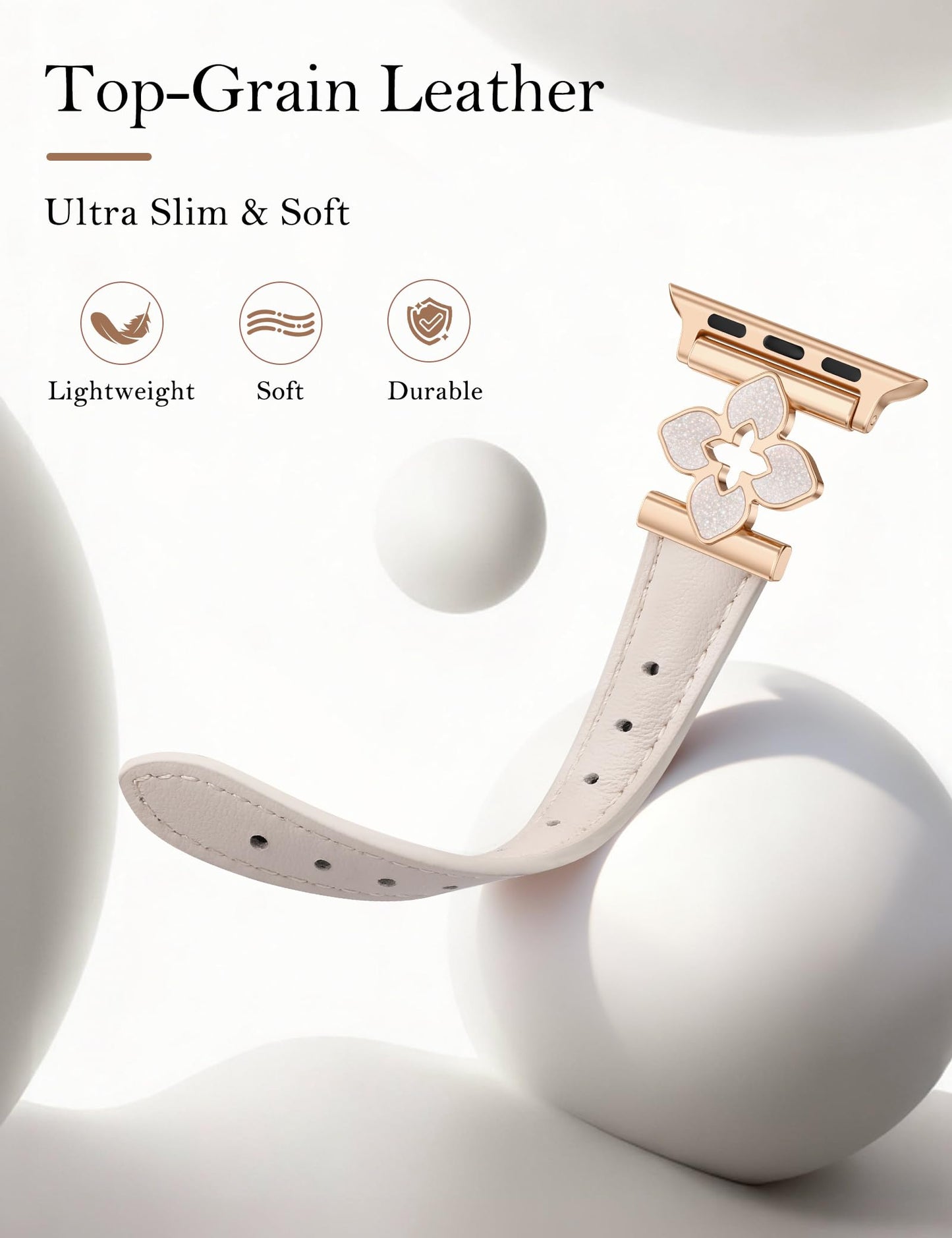 Minyee Compatible with Apple Watch Band 38/40/41/42mm Women, Dressy Chic Premium Soft Leather Strap with Dainty Flower Charm for iWatch Series 11 10 9 8 7 6 5 4 Ultra/SE 3 2 1, Starlight/Rose Gold