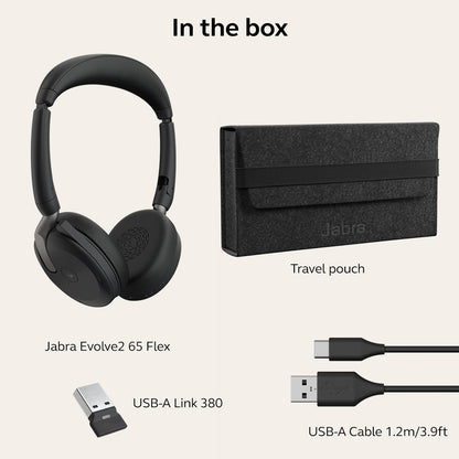 Jabra Evolve2 65 Flex Stereo Headset with Bluetooth, Wireless Charging Pad - Noise-Cancelling ClearVoice Technology & Hybrid Active Noise Cancellation - Certified for Microsoft Teams - Black
