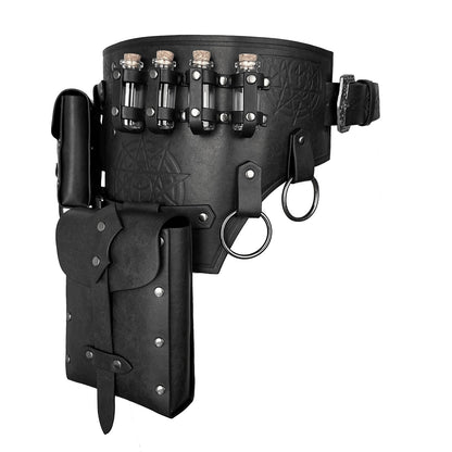 HiiFeuer 4 PCs Medieval Alchemy Belt Costume, Fantasy Faux Leather Wizard Potion Holder Belt with 4 Cork Vials and Belt Bag (Black A)