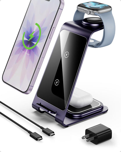 Intoval 3 in 1 Wireless Charging Station for iPhone 17 16 15 14 13 12 11 X Pro Max, Wireless Charger for Apple Watch Ultra 3 SE 9 8 7 6 5 4 3 2, for AirPods 4 Pro Pro 2 3 (Y93, Grey)