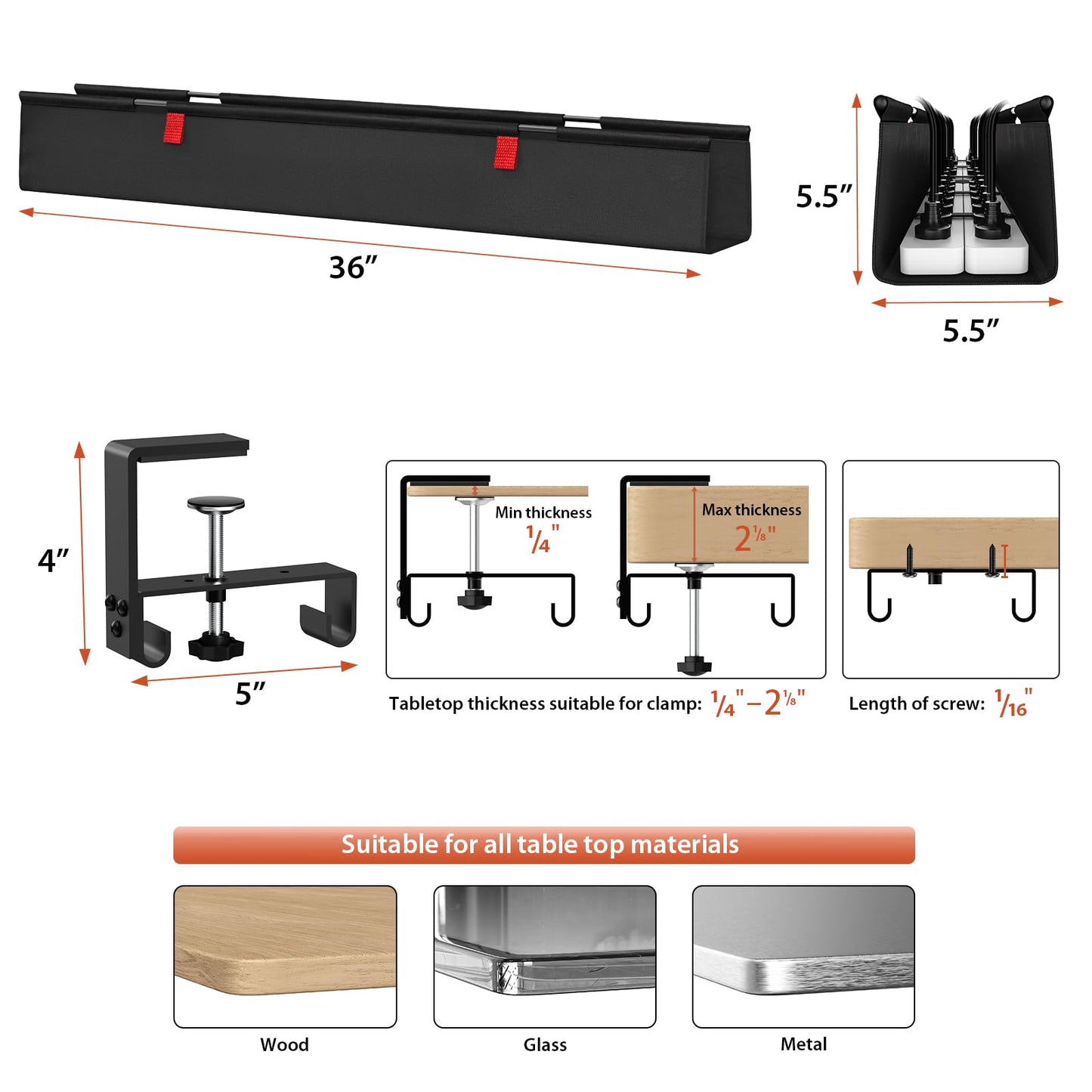 Univivi No Drill Under Desk Cable Management Tray, 36" Cord Organizer for Table, Clamp/Screw Mount Desk Cable Management, Premium Fabric Cable Management Tray for Office, Home