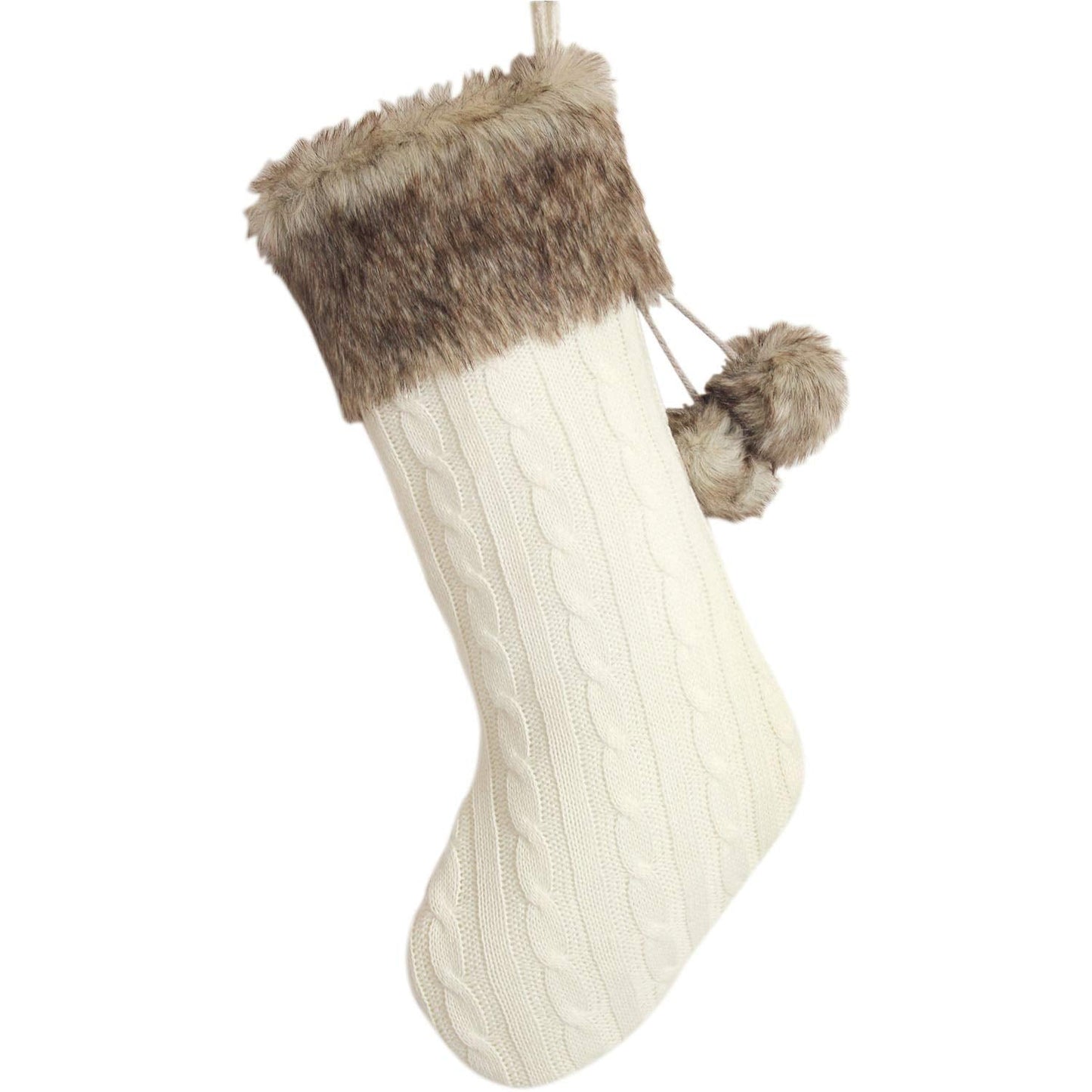 Gireshome Ivory Cable Knitted Body, Faux Fur Cuff with Faux Fur Fluffy Pompom Ball Christmas Stocking, Xmas Tree Decoration Festival Party Ornament - 10"x18"