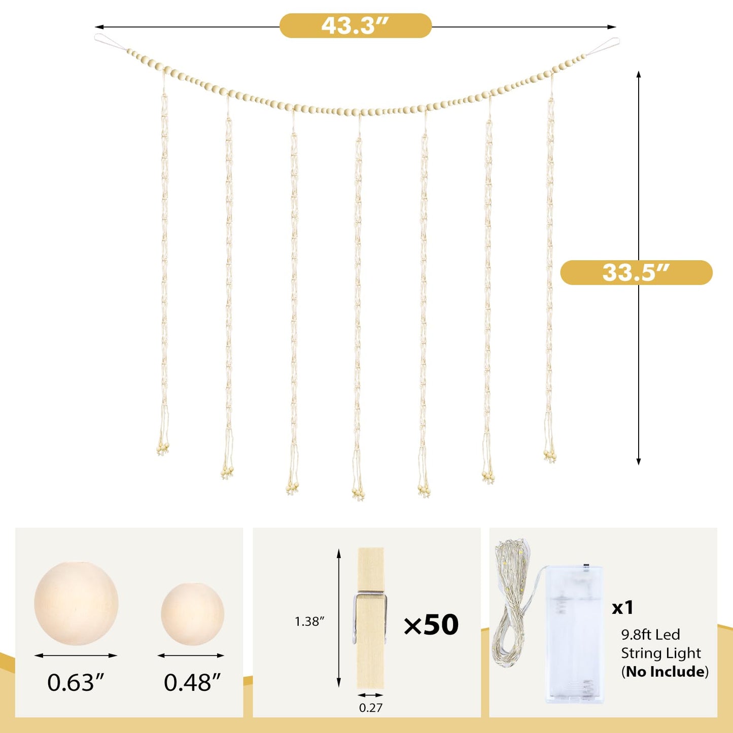 KLOGTSIND Macrame Hanging Photo Display Boho Wall Decor, Picture Christmas Card Holder with String Lights, Photo Hanger with 50 Clips for Room, Dorm, Nursery, Home Decor, Teenage Teen Girl Gifts