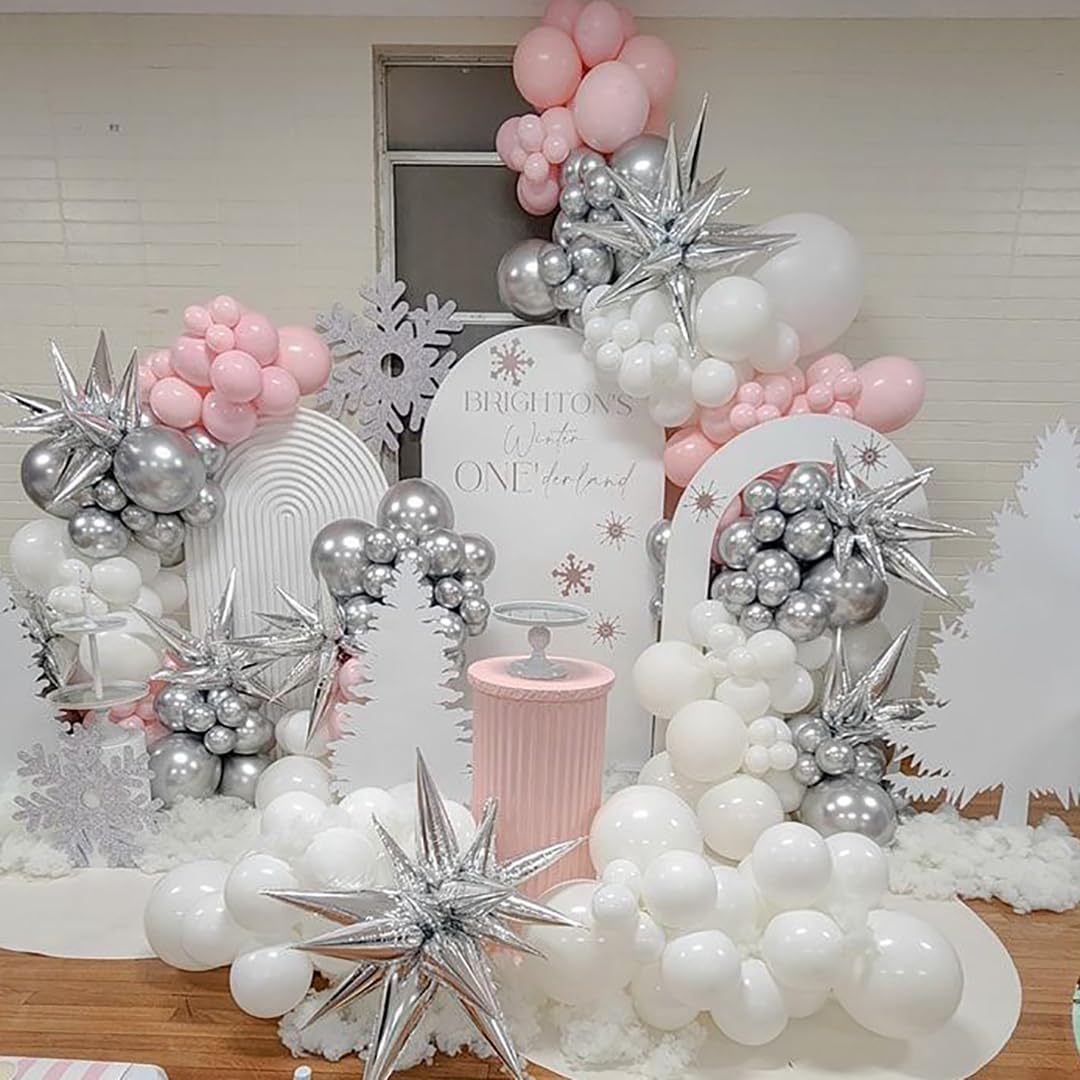 Pink White Silver Balloons Arch Kit, 162pcs Winter Wonderland Garland with Pastel Pink White Metallic Silver and Confetti Balloons for Wedding Princess Snowflake Theme Birthday Party Decorations