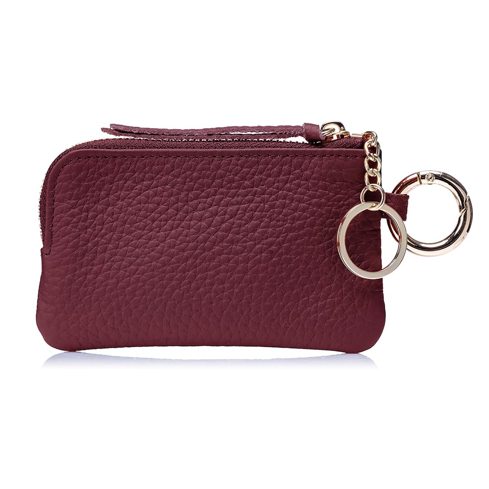 LnxLtw Mini Coin Wallet for Women – Genuine Leather Zipper Coin Purse with Wrist Strap & Keychain, Compact Change Holder & Travel Wallet with Gift Box (Wine Red)