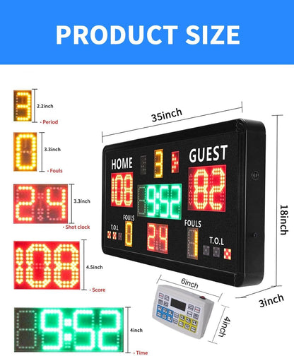 GAN XIN Large Electronic Scoreboard with Panel Control,Wall-Mounted Digital Scoreboard & Timer,Basketball Shot Clock 14/24 Second & Custom Time,Score Keeper with LED Display, 110dB Loud Buzzer