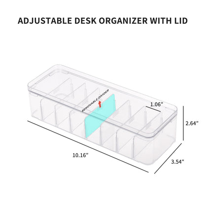 Yesesion 2pcs Clear Plastic Cable Organizer Boxes with Adjustment Compartments, Desk Accessories Storage Case with Lid and 20 Wire Ties for Drawer, Office Supply, Electronic Management