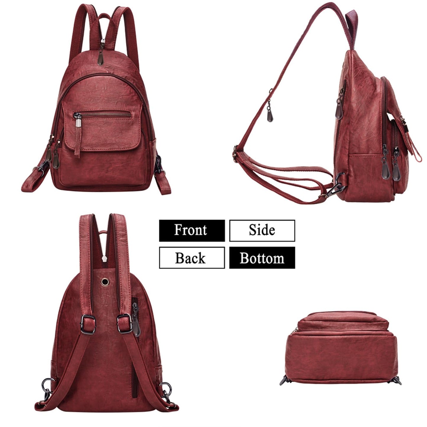 FANCELINE Small Backpack Purse for Women Fashion PU Leather Backpack Convertible Ladies Sling Bag Red Wine