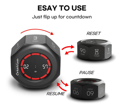 CREAVIVA Flip Cube Pomodoro Timer - Rechargeable Visual Countdown & Count Up Stopwatch, 7 Preset Intervals, 3 Alarm Modes, Productivity Tool for ADHD, Kids, Study, Work & Kitchen (Gray)