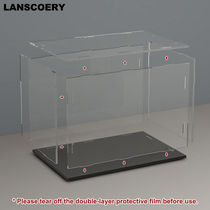 LANSCOERY Acrylic Display Case, 10x5x4 in, Upgraded Thickened UV-Resistant Showcase, 98% Clarity Dustproof Box with Glossy Black Base for Action Figures, LEGO & Models, Includes Scraper & LED Light