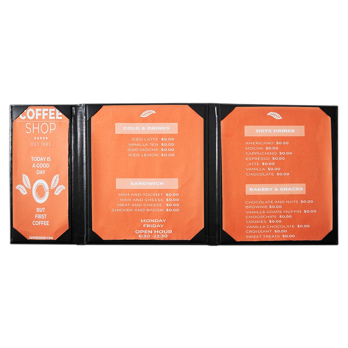 Goodsmart Columbia Casebound Leather Menu Covers, 5 Pack, 2 View 8.5" x 11", 1 View 4.25" x 11" Black Premium Faux Leather Restaurant Menu Holders, 3-View with Interior Album Corners