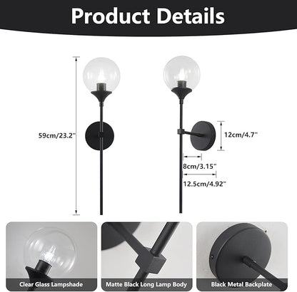 KCO Lighting Matte Black Industrial Wall Sconces Set of Two 1-Light Mid Century Bathroom Wall Mounted Light Sconce Modern Clear Bubble Glass Globe Wall Sconce Lamp Set of 2