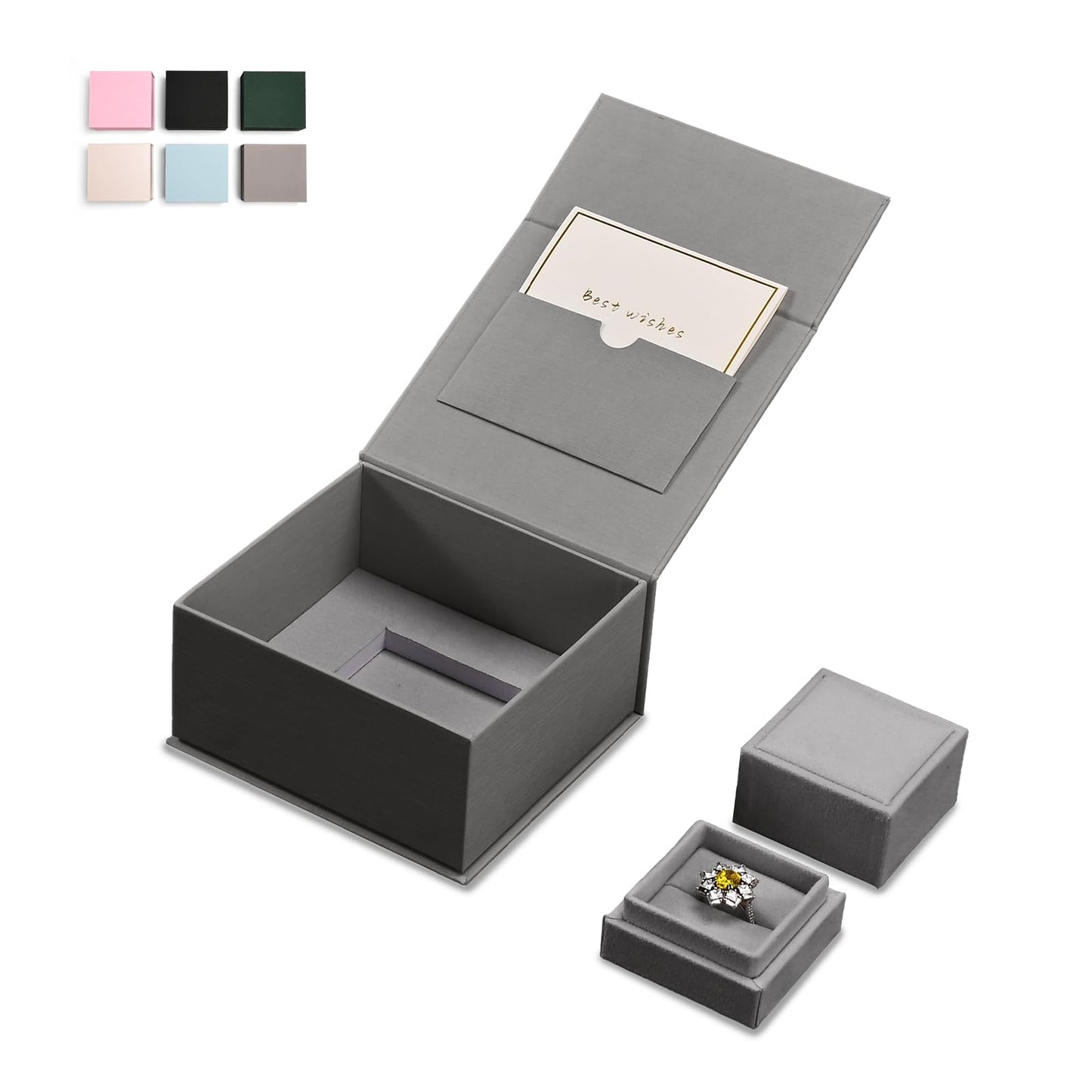 Oirlv Ring Gift Box with Lid Magnetic Gray Boxes for Wedding Proposal Gift Birthday Present with Card(Gray)