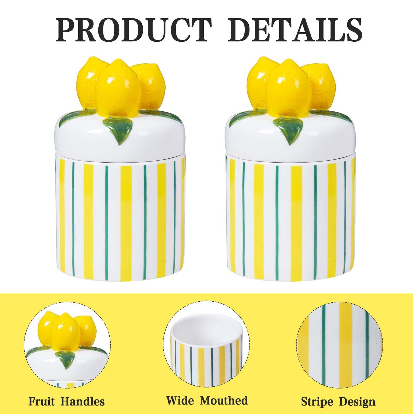 Iryanthos Cookie Jar with Airtight Lid, 16.2 fl oz Personalized Ceramic Food Storage Containers with Lemon-shaped Lid for Kitchen Countertop Decor, For Sugar Tea Coffee Spices Nut Honey - 2 pieces Set