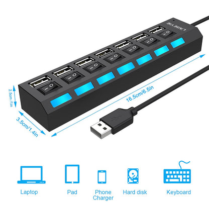 Multi Port Splitter, 7 Port USB 2.0 Hub, USB A Port Data Hub with Independent On/Off Switch and LED Indicators, Lights for Laptop, PC, Computer, Mobile HDD, Flash Drive and More (Black 2.0)