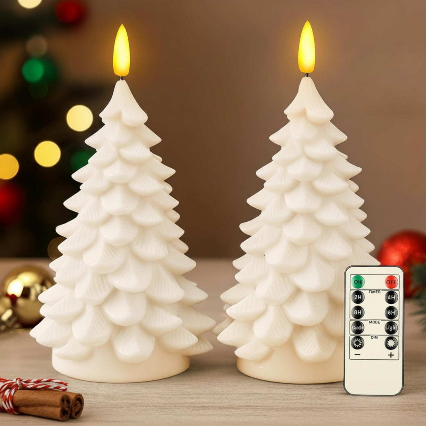 Aurelema 2 Pack 8" Large Christmas Tree Flameless Candle with Remote Timer, Large Real Wax Battery Operated Pillar Candle, 3D Wick LED Flickering Candles for Xmas Party Home Dinner Decor(White)
