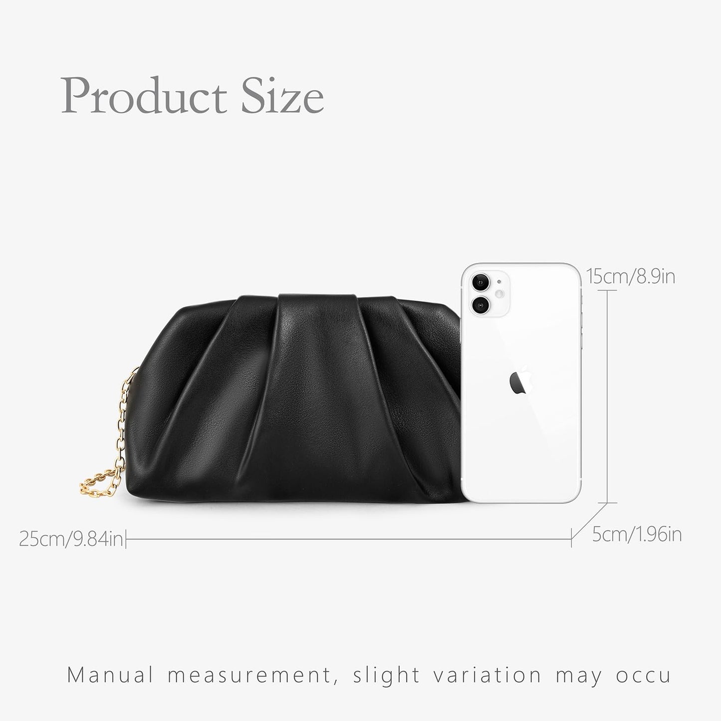 Yiorselus Ruched Clutch Purse for Women – Soft PU Leather Cloud Evening Bag with Detachable Chain for Weddings, Parties & Prom (Black)