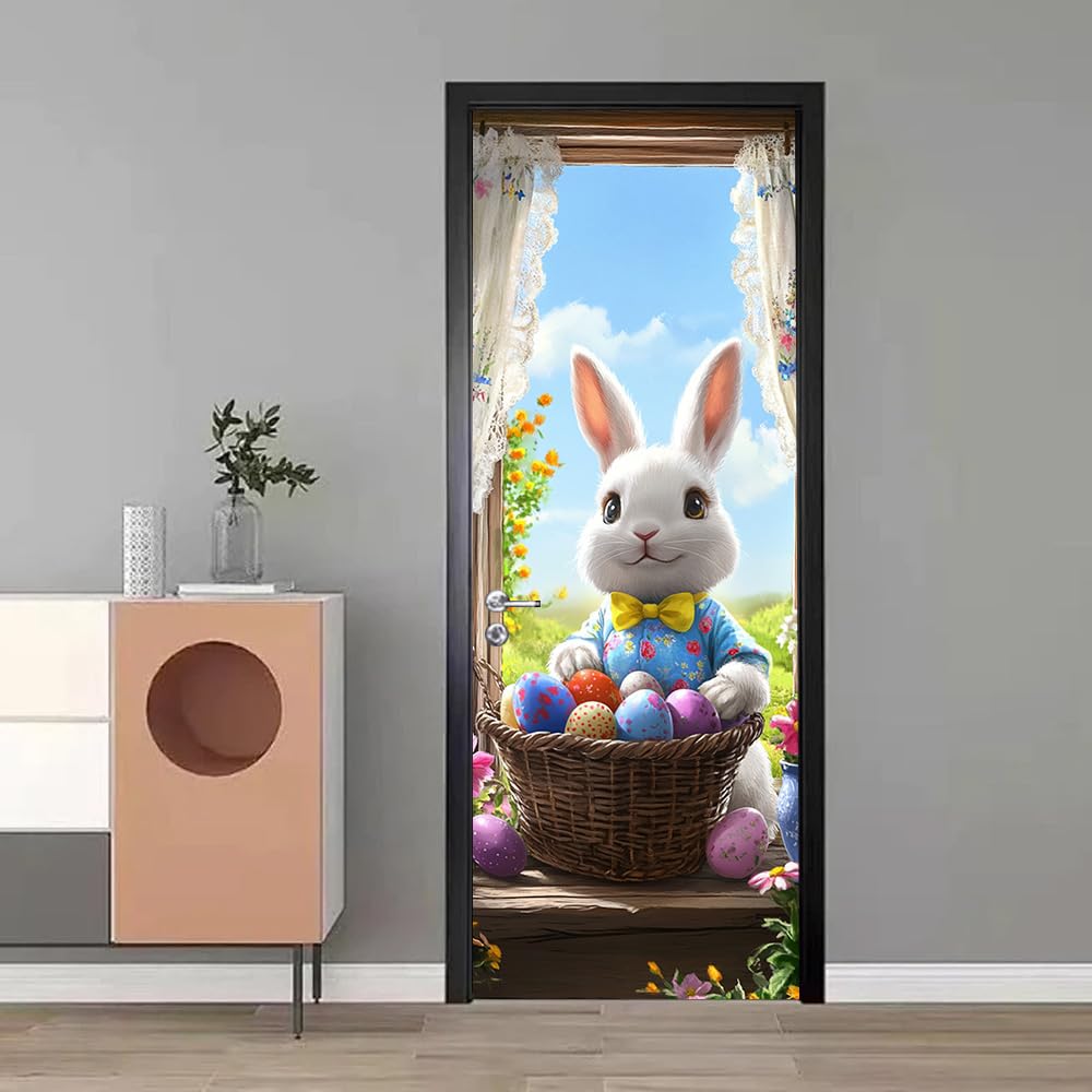 WDESYADMS PVC Self Adhesive Door Sticker 30.3x78.7 Inch Easter Bunny with Basket of Eggs Design Peel and Stick Decorative Door Decal for Bedroom Living Room Entryway Spring Home Decor