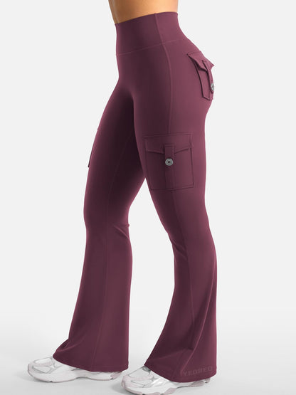 YEOREO CoreFlex Women Workout Flare Leggings with Pockets Hidden Scrunch High Waisted Cargo Gym Yoga Leggings Dark Cherry L