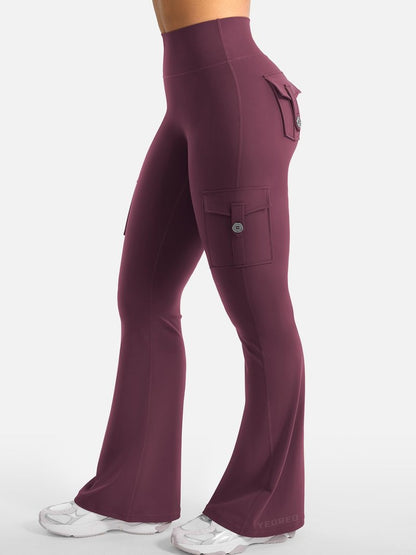 YEOREO CoreFlex Women Workout Flare Leggings with Pockets Hidden Scrunch High Waisted Cargo Gym Yoga Leggings Dark Cherry XS
