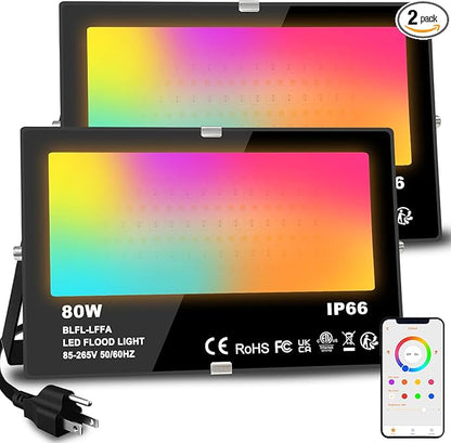 MELPO LED Flood Light Outdoor 800W Equivalent 8000LM Smart RGB Landscape Lighting with APP Control, DIY Scenes - Timing - Warm White 2700K - Color Changing Uplight, IP66 Waterproof US Plug (2Pack)