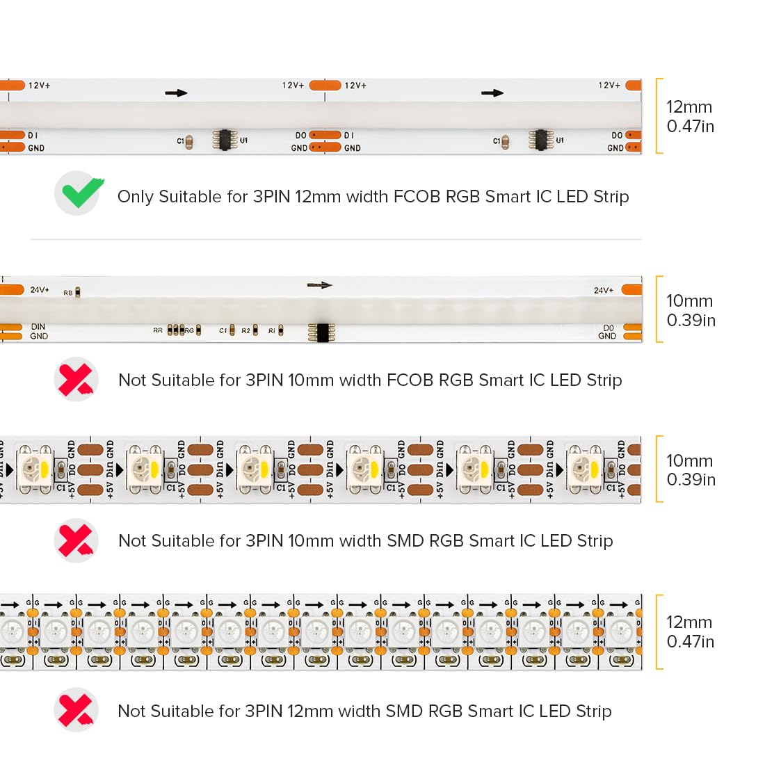 BTF-LIGHTING 3Pin 12mm Width Transparent Connector Kit, L-Shaped/Corner Connector Kit Only Support FCOB SPI WS2811 720LED/m RGB (+ DI GND) 3 Wires LED Strip