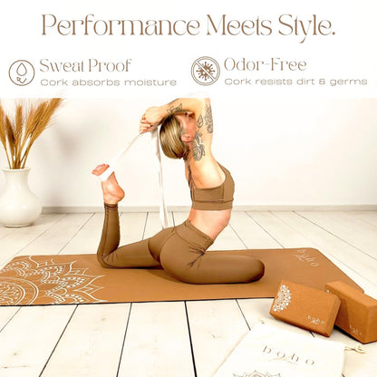Boho Flow Cork Yoga Block Set – 2 Pack with Strap & Canvas Bag | Luxury Portuguese Yoga Blocks 9”x6”x3” | Heavy-Duty, Non-Slip Support | Eco-Friendly, Plastic-Free Materials