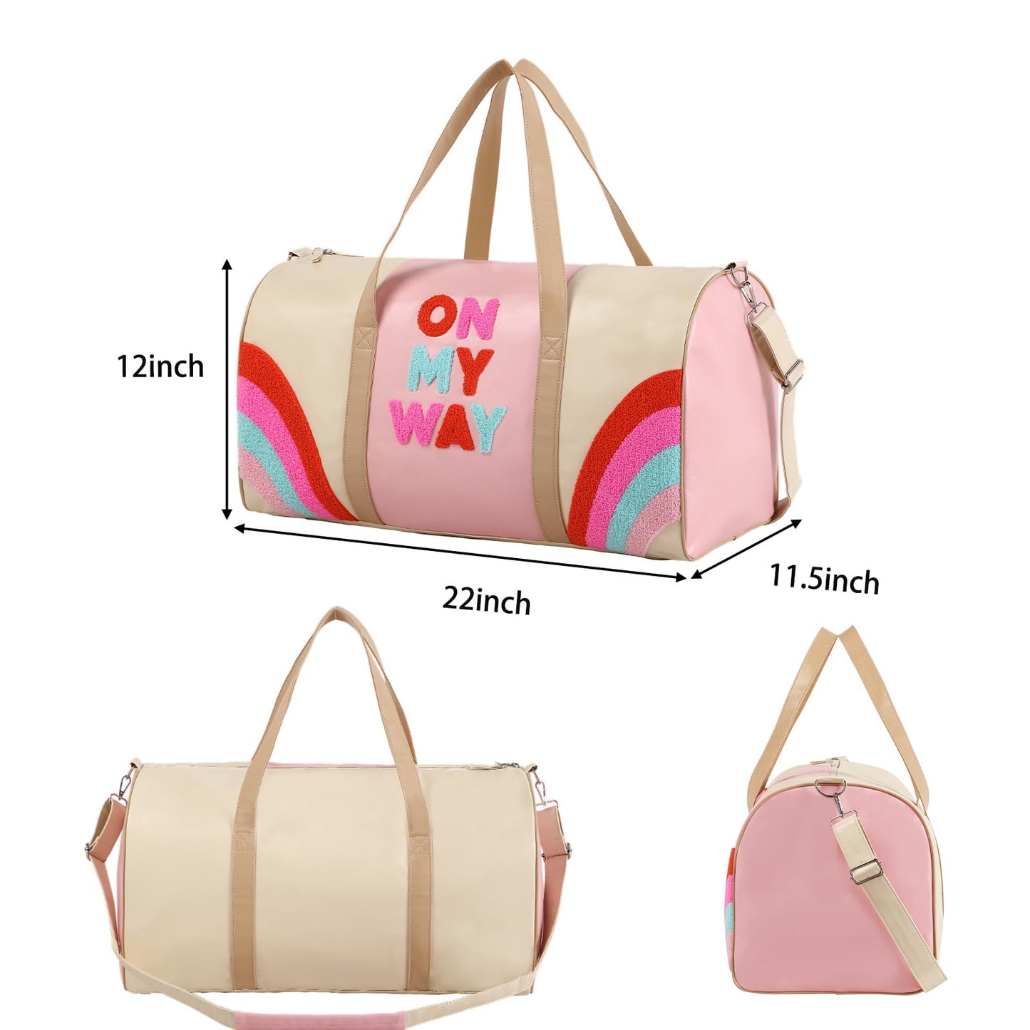 DYSHAYEN Chenille Letter Travel Duffle Bag Large PU Leather Weekender Overnight Bag for Women Carry on Bags Travel Tote（On My Way）