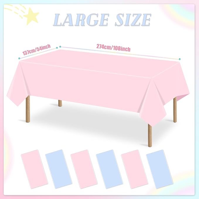 6 Packs Gender Reveal Tablecloths 54 x 108 Inch Disposable Plastic Pink and Blue Tablecloth Waterproof Rectangle Table Covers for Boy or Girl Baby Shower Party Decorations