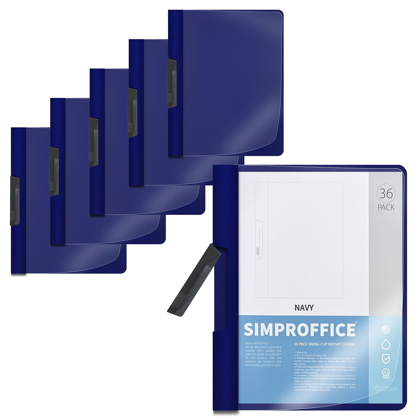 SIMPROFFICE 36 Pack Swing Clip Report Covers, Plastic Presentation Folders with Clip for Professional Use, Clear Front and Navy Blue Frosted Back, 9 x 11.4 Inches for Letter Size