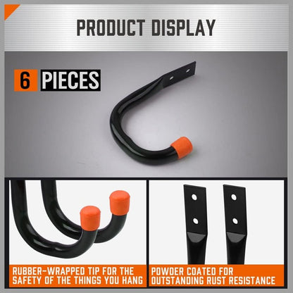 Heavy Duty Metal Wall Hooks - 6-Pack Large Garage Storage & Organization Hooks for Tools, Ladders, Bags | Wall Mount J Hooks, Black