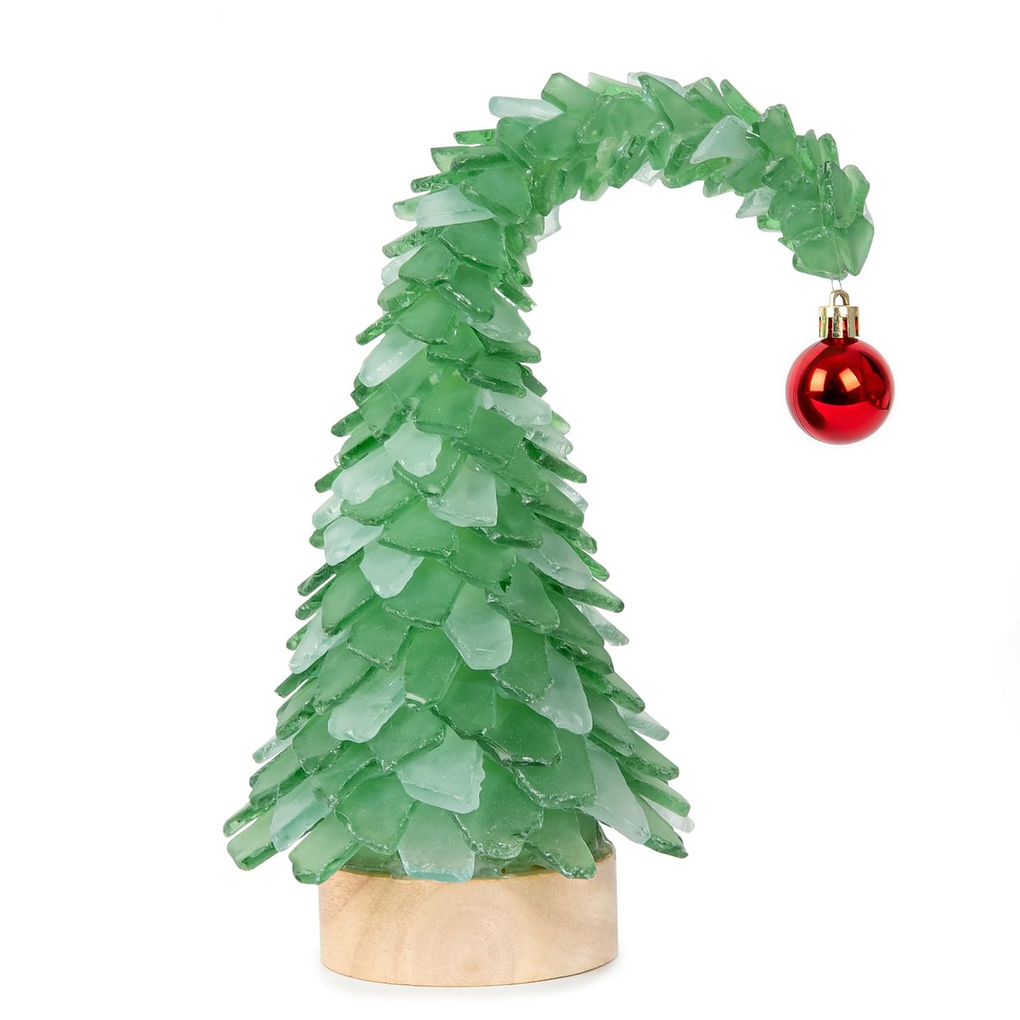 Crooked Sea Glass Christmas Tree with LED Lights - Handcrafted Whimsical Mini Green Christmas Tree, Ideal for Christmas, New Year, Coastal Holiday Decor & Gifts, Versatile Home Decor