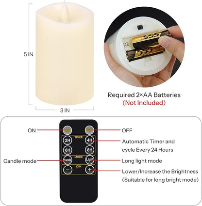 1PCS, 3 x 5 inches Flameless Candle with Remote Control, 3D Flickering Wick, Real Wax, Battery Candles,with Timer,Battery Powered Candles,for Holiday Home Decor,Ivory