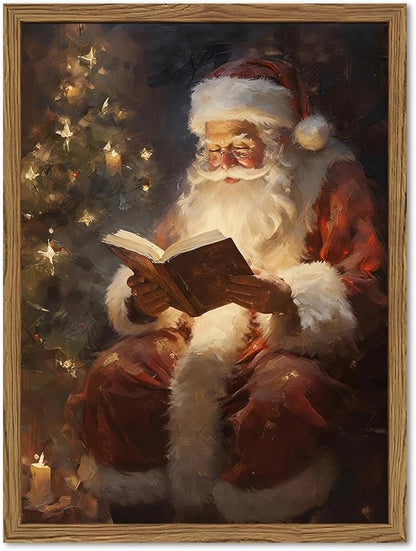 Framed Vintage Christmas Canvas Wall Art, Santa Claus Reading Book Paintings Wall Decor, Rustic Winter Holiday Pictures Prints for Living Room Bedroom Home Decoration 8×10 inch