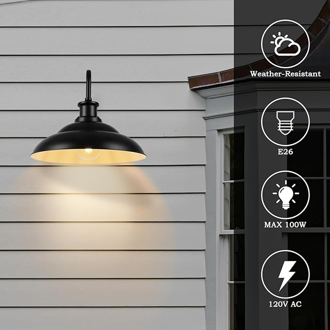 Dusk to Dawn Outdoor Gooseneck Barn Light Fixtures, 16 Inch Dome Large Wall Sconce Farmhouse Exterior Wall Mount Light for House Garage Patio Doorway