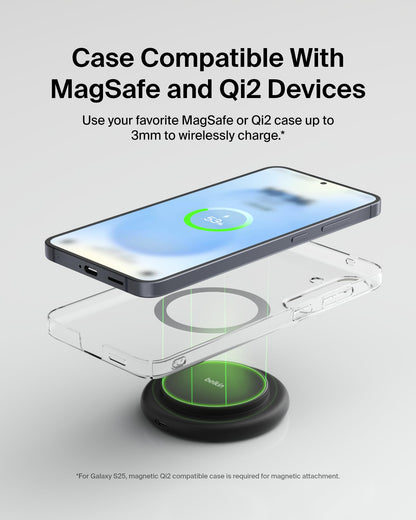 Belkin Magnetic Wireless Charging Pad 15W - MagSafe-Compatible Qi2-Certified Wireless Charging Station, iPhone Charger for Apple iPhone 16, 15, 14 Series, AirPods w/Non-Slip Base - Black (No PSU)