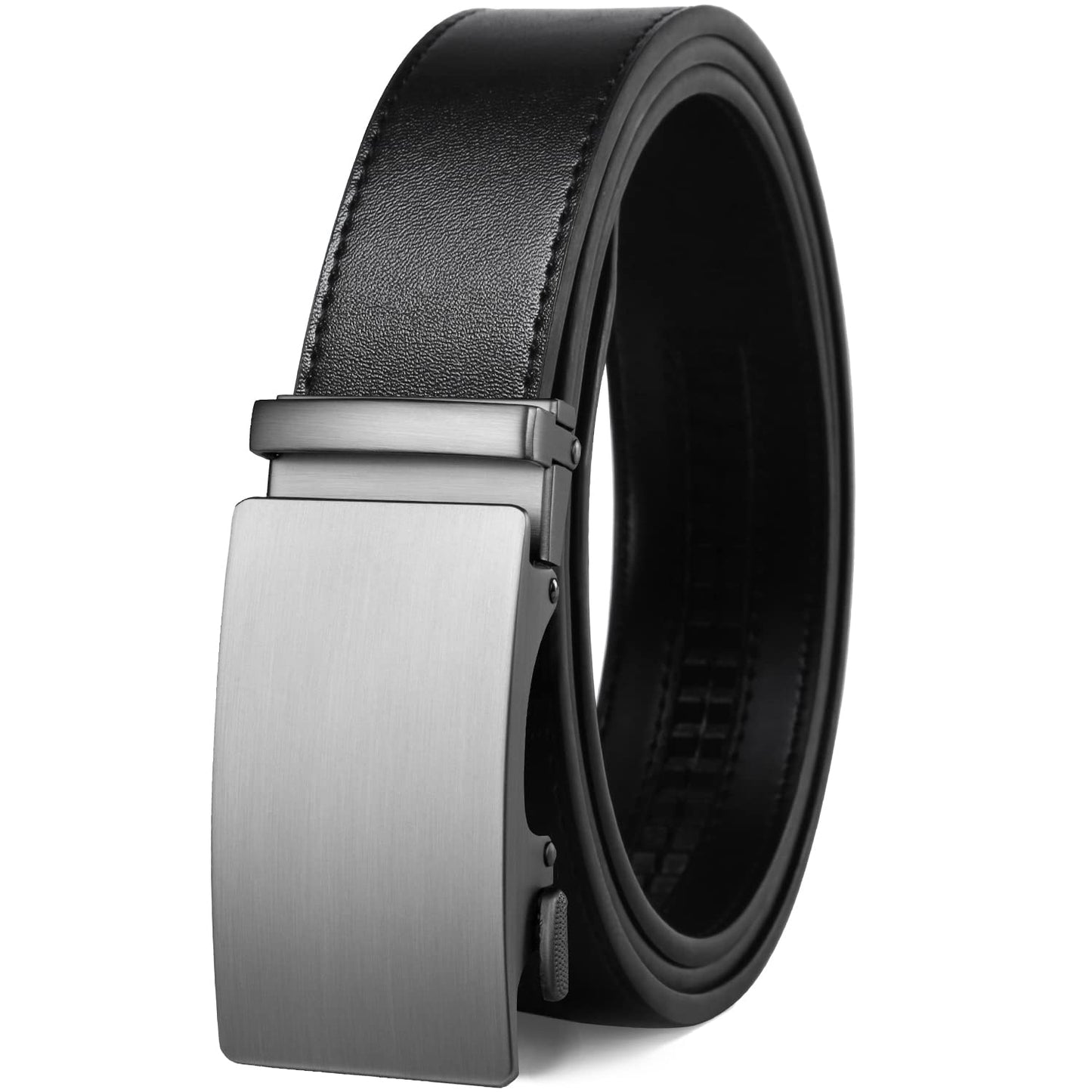 Founders & C Men's Ratchet Belt 1 3/8",Leather Dress Belt Adjustable with Click Sliding Buckle Trim to Exact Fit (Silver Buckle-Black, 28"-42" Waist Adjustable)