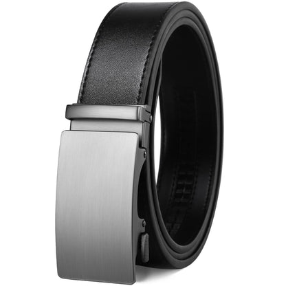 Founders & C Men's Ratchet Belt 1 3/8",Leather Dress Belt Adjustable with Click Sliding Buckle Trim to Exact Fit (Silver Buckle-Black, 28"-42" Waist Adjustable)