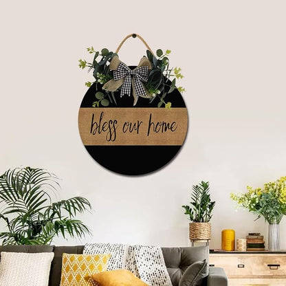 Bless Our Home Front Door Sign Funny Wreaths Hanging Wooden Plaque Decoration Round Rustic Wood Farmhouse Porch Decor for Home Front Door Decor, 11 x 11 Inch