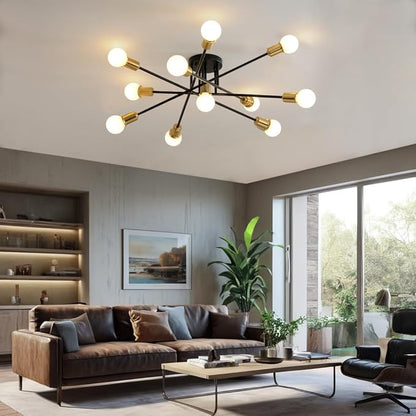 Mid Century Sputnik Gold and Black Semi Flush Mount Ceiling Light Fixture, Modern Large 11 Light Metal Chandelier for Dining Room Bedroom Kitchen Living Room Office Lighting